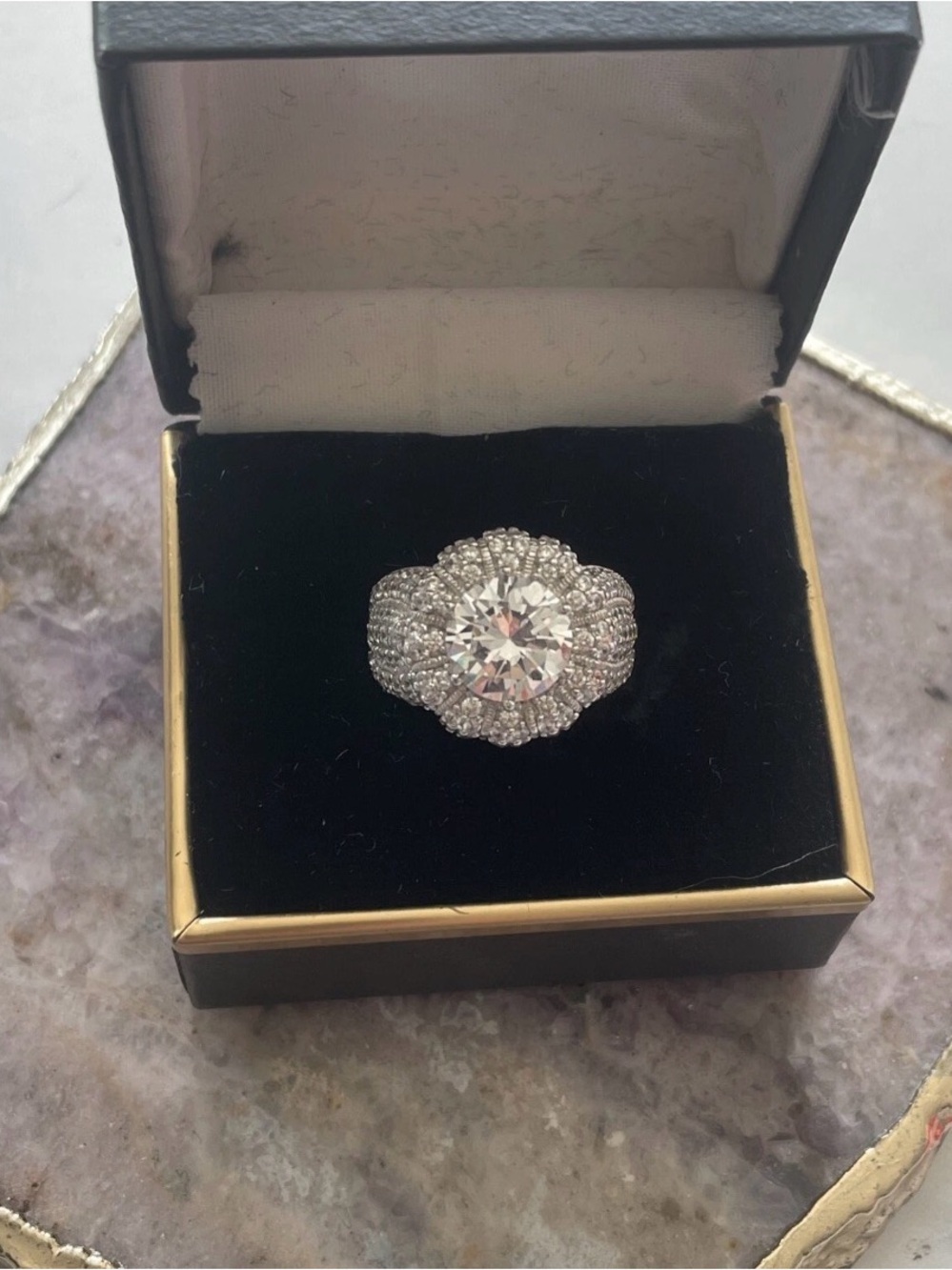 925 Sterling Silver CZ Halo Cocktail Engagement Ring Large Statement Bridal